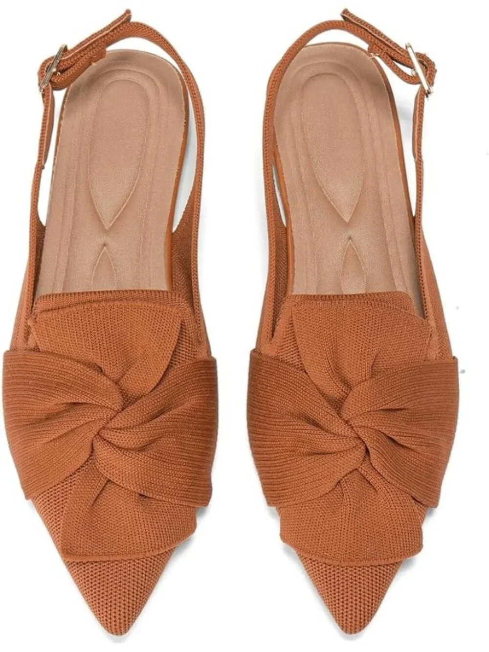 Women's Brown Ankle Strap Comfortable Pointed Toe Slip-On Knit Ballet Flat Shoes